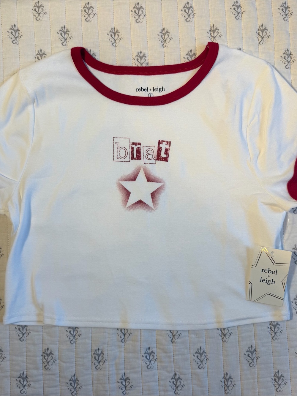 Rebel + Leigh Y2k Brat Ringer Baby Tee White Red Size L NWT